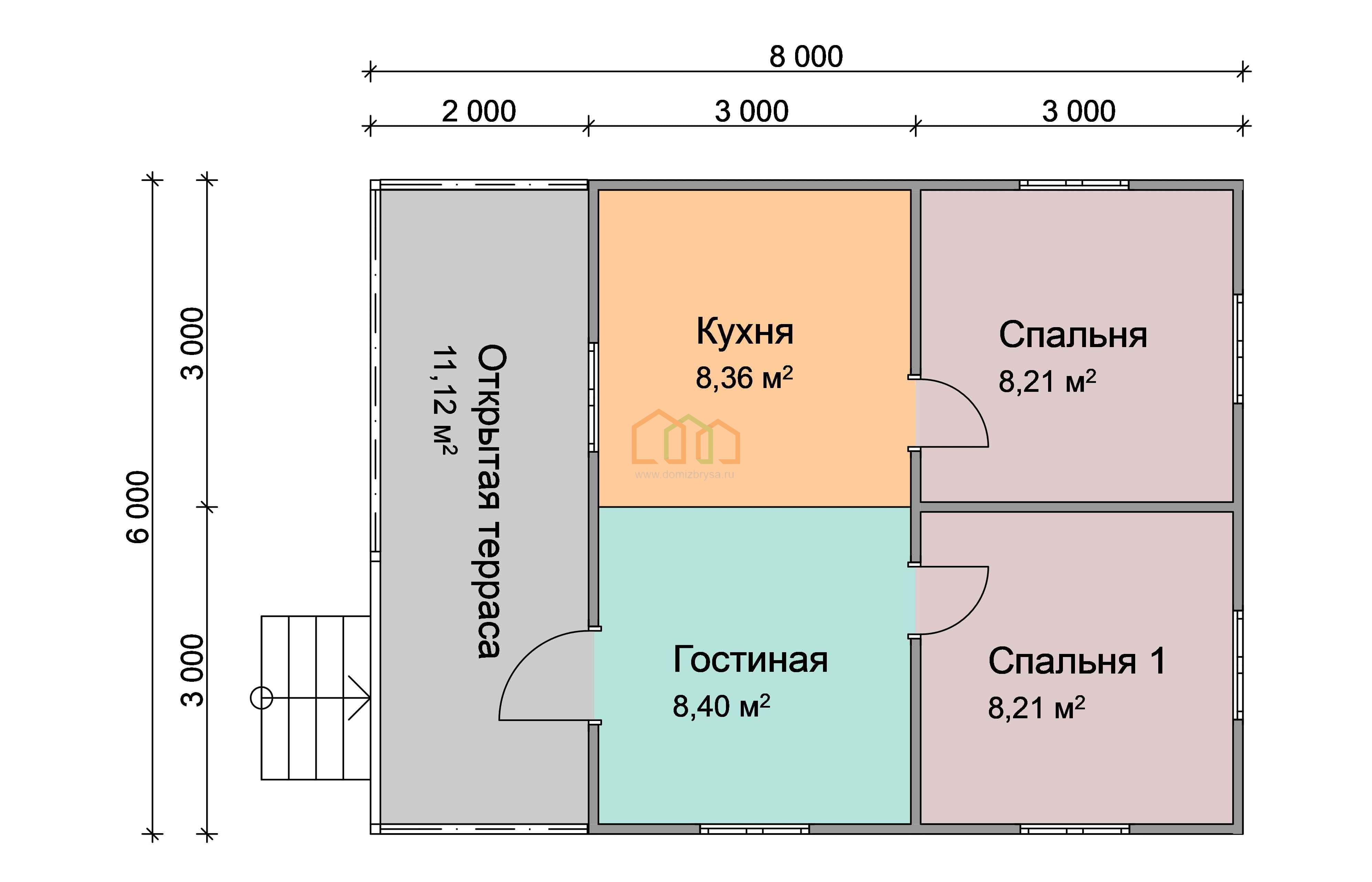 Дом из бруса одноэтажный 6х8 купить в Москве цена 916000, площадь: 48 м2,  Брус 90х140 мм. с террасой