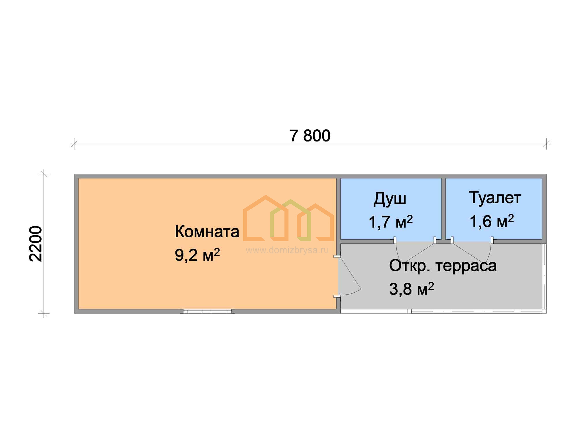 Дачная бытовка Крокус - 9 7.8x2.2 Площадь: 17.16 м² с крыльцом в готовом  виде с душем и туалетом под ключ в Москве и области