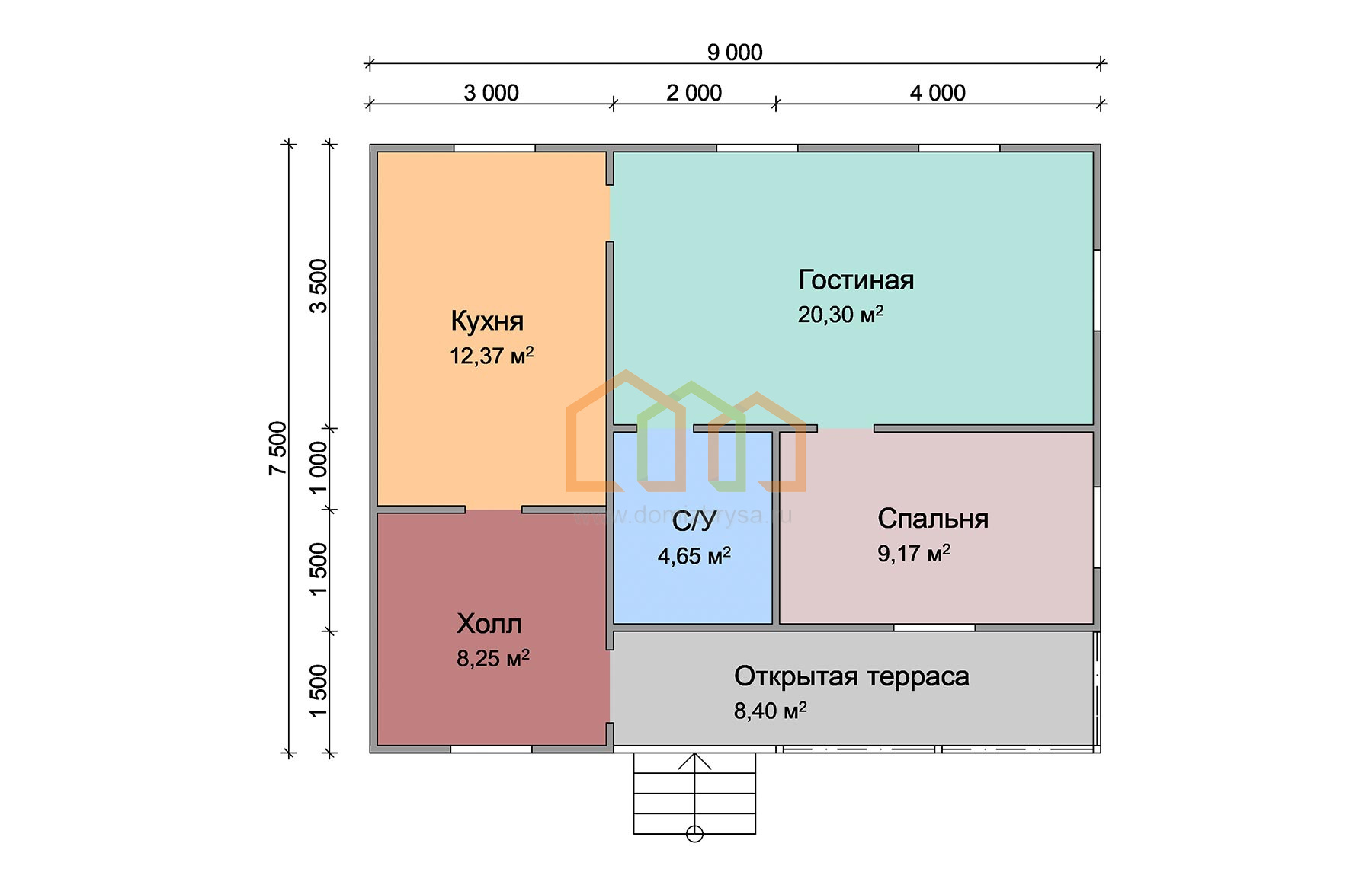 Дом из бруса под усадку одноэтажный 7,5х9 с террасой в Москве, площадь:  67.5 м2, Брус 140х140 мм.