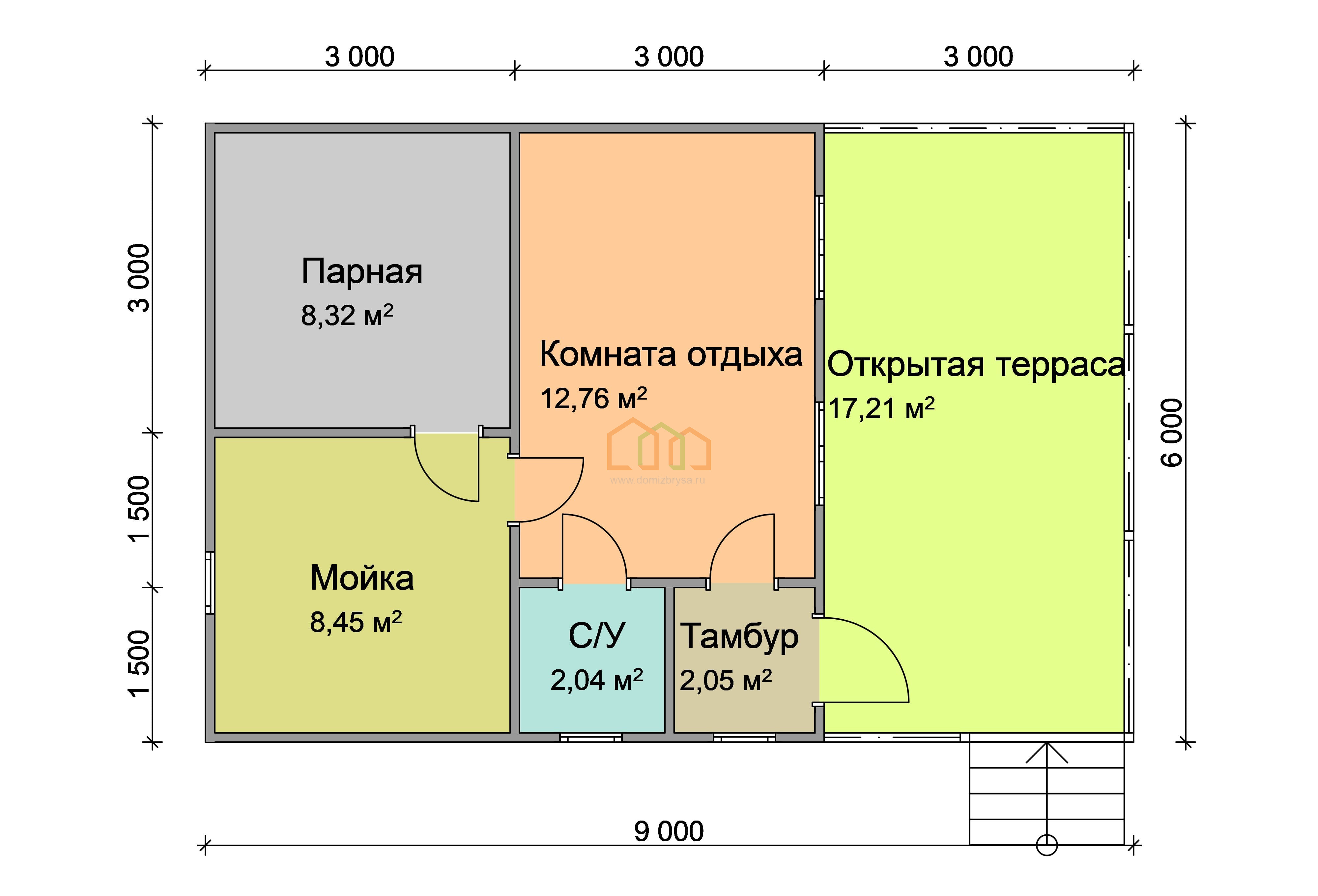 Каркасная баня одноэтажная 6x9, площадь: 54 м² с террасой цена под ключ в  Москве 1199000